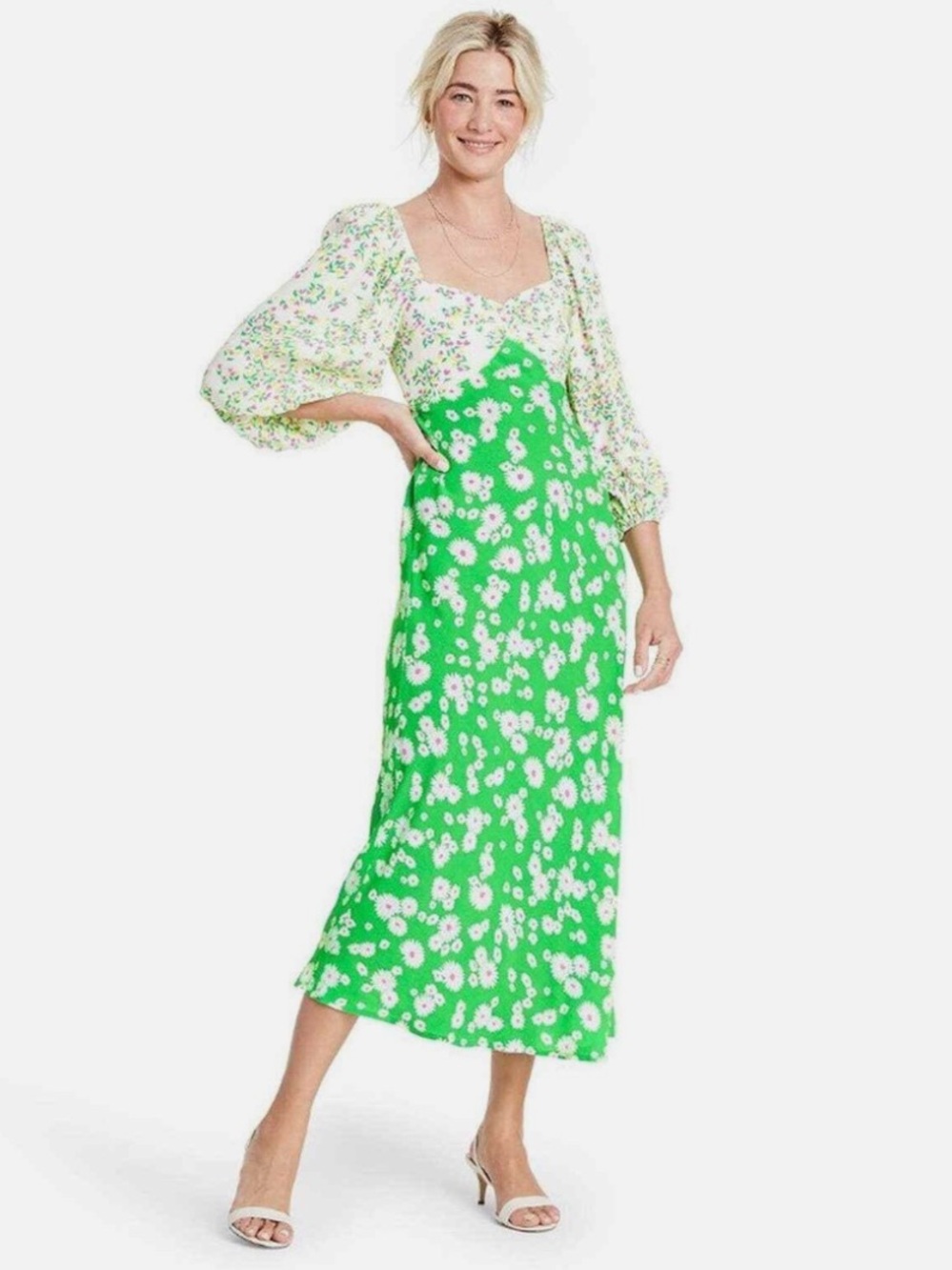 RIXO Green White Floral Mixed Media Long Puff Sleeve Retro Midi Dress Size 8